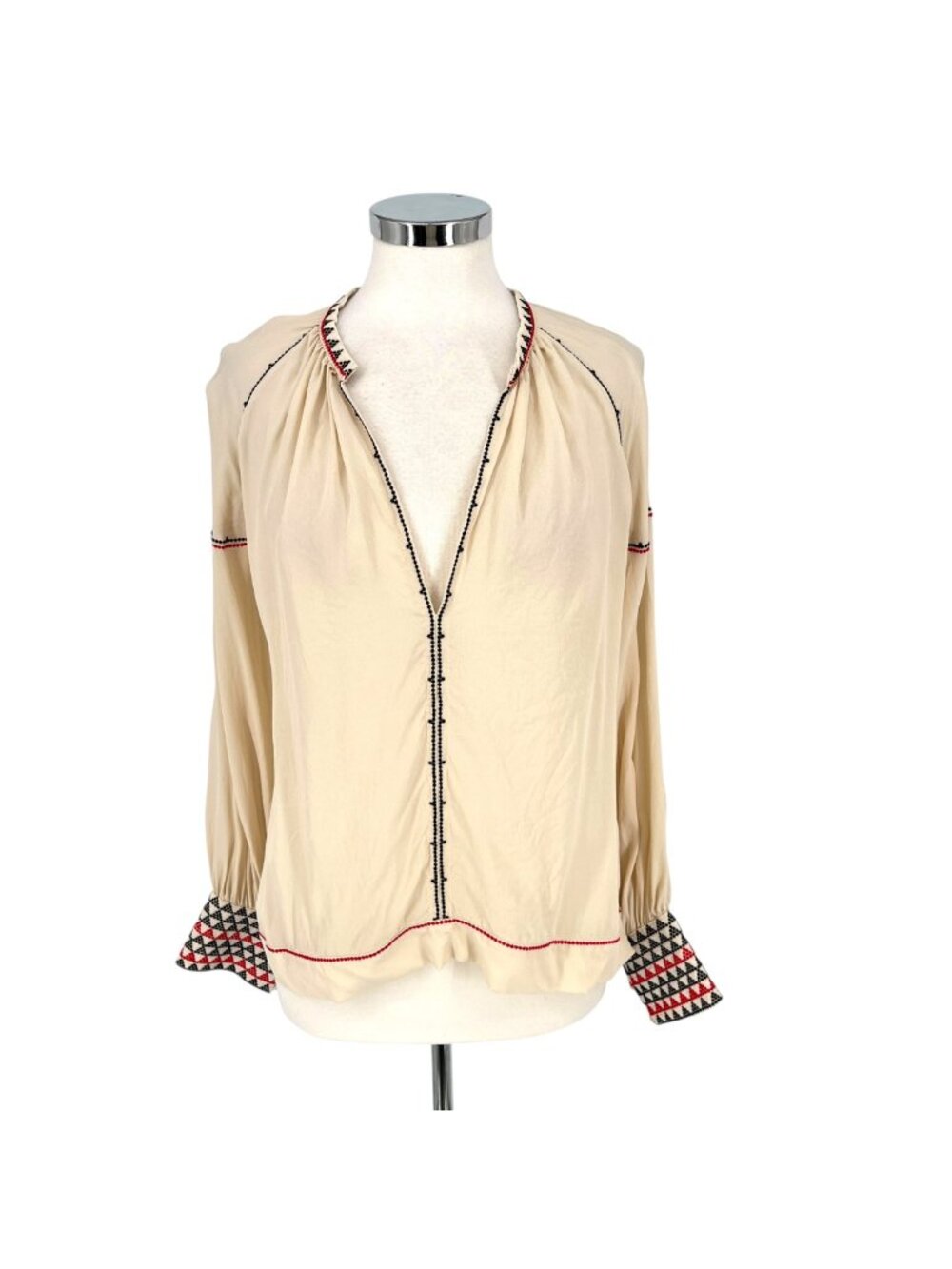 Magali Pascal Embroidered Cream Long Sleeve Blouse Geometric Cuff Size Large